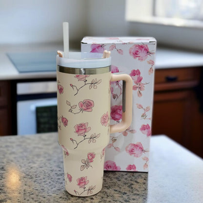 Floral Insulated Travel Tumbler with Ergonomic Handle