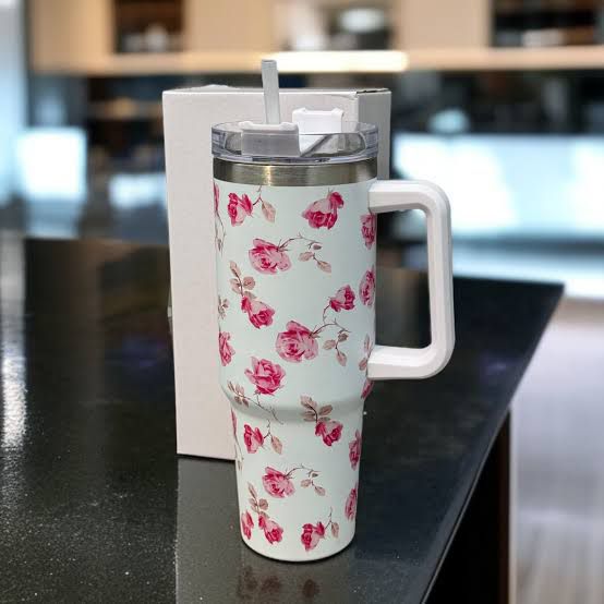Floral Insulated Travel Tumbler with Ergonomic Handle