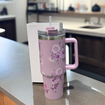 Floral Insulated Travel Tumbler with Ergonomic Handle