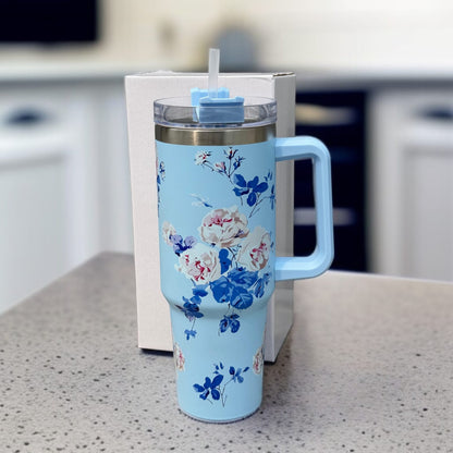 Floral Insulated Travel Tumbler with Ergonomic Handle