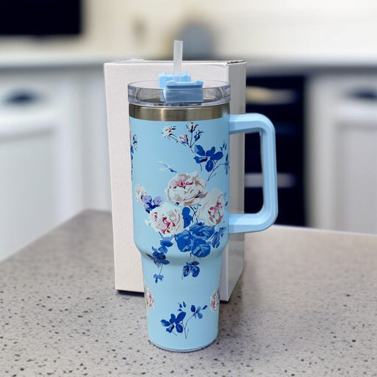 Floral Insulated Travel Tumbler with Ergonomic Handle
