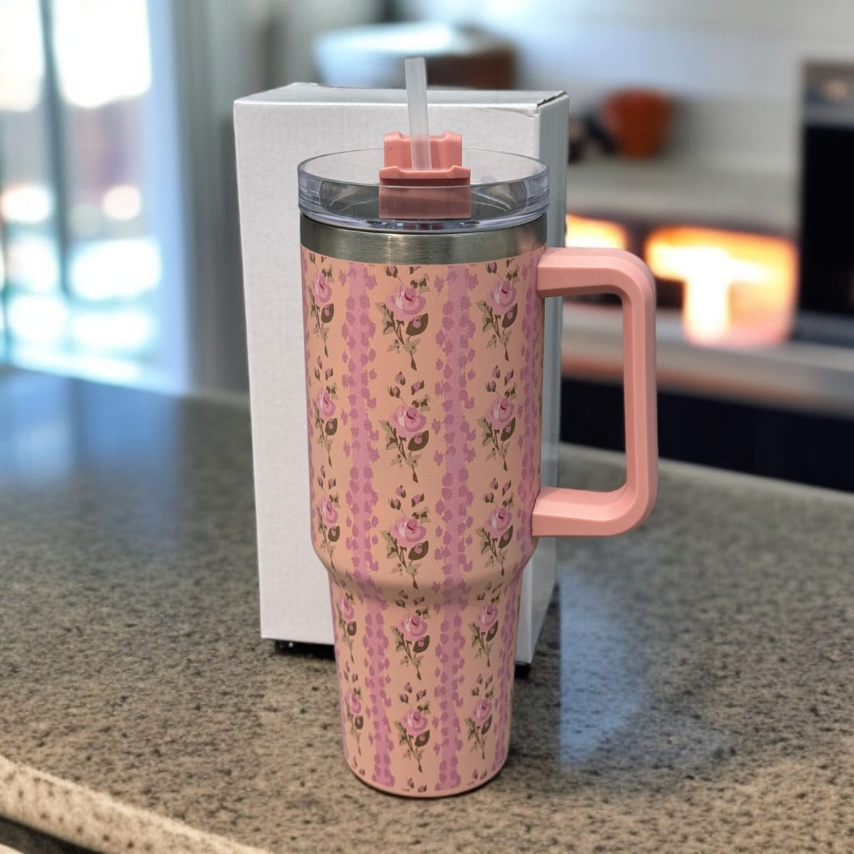 Floral Insulated Travel Tumbler with Ergonomic Handle