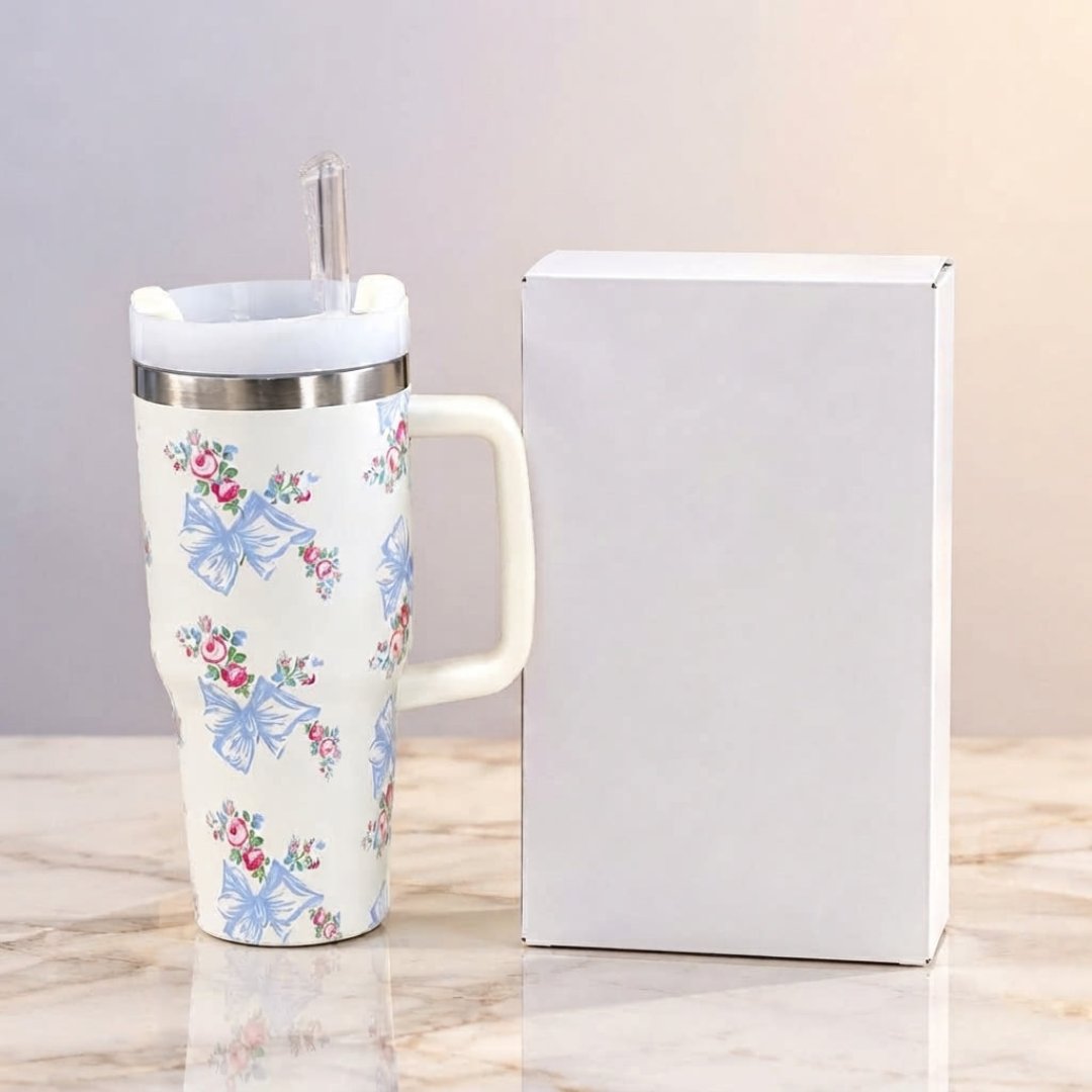 Stanley Style White Floral Print Tumbler - Drinkware