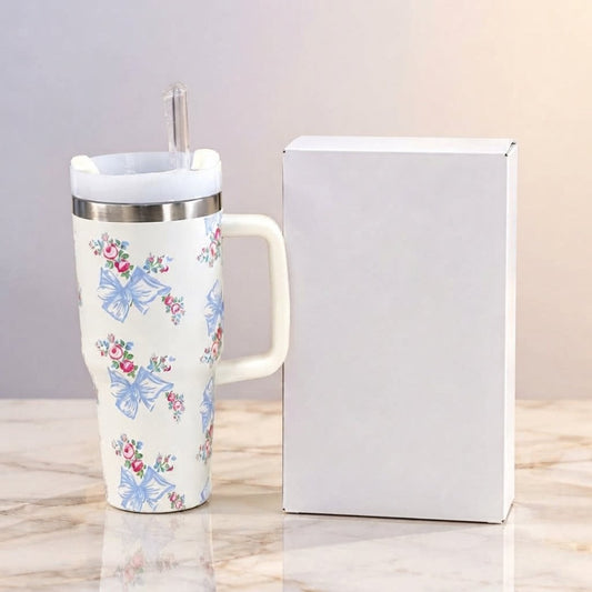 Stanley Style White Floral Print Tumbler - Drinkware
